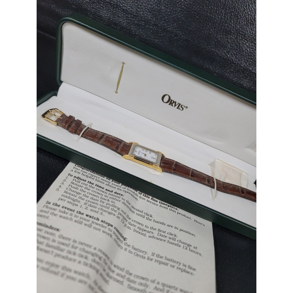 Orvis Quartz Watch Mens Rectangular Tank Leather Box Date VTG - Needs Battery